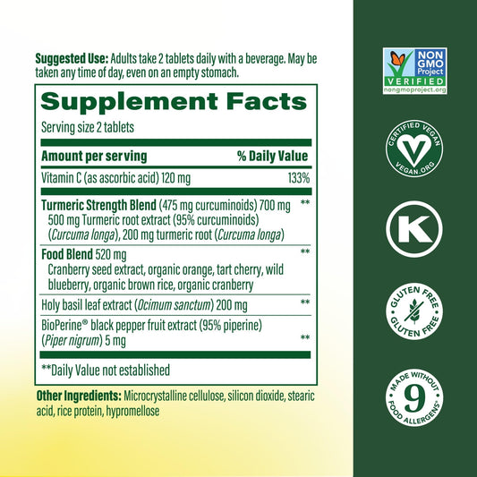 MegaFood Turmeric Curcumin tablets close-up emphasizing potency and serving size.