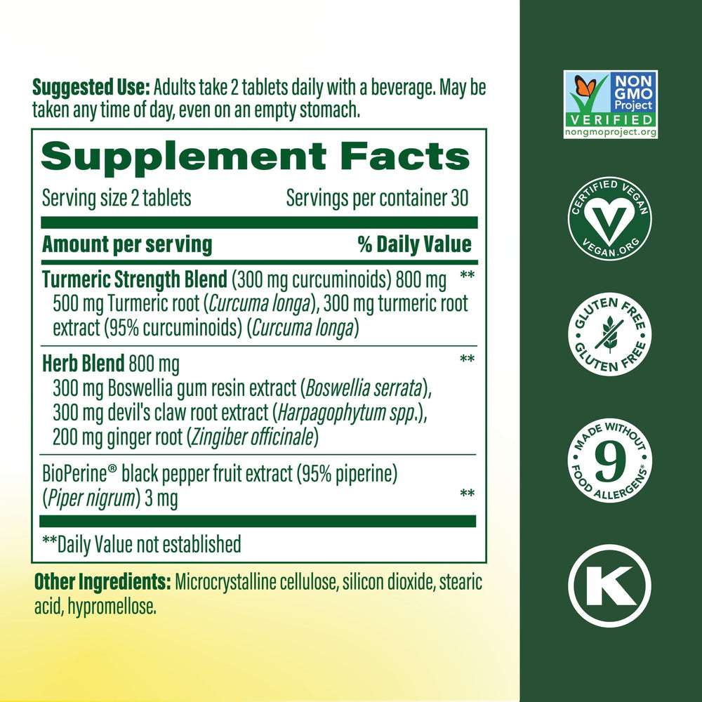 Close-up of MegaFood Turmeric Curcumin tablets, compact and easy to take