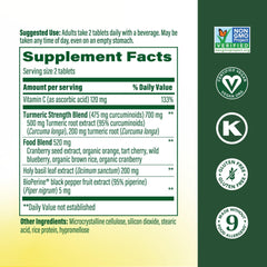 MegaFood Turmeric Curcumin tablets close-up emphasizing potency and serving size.