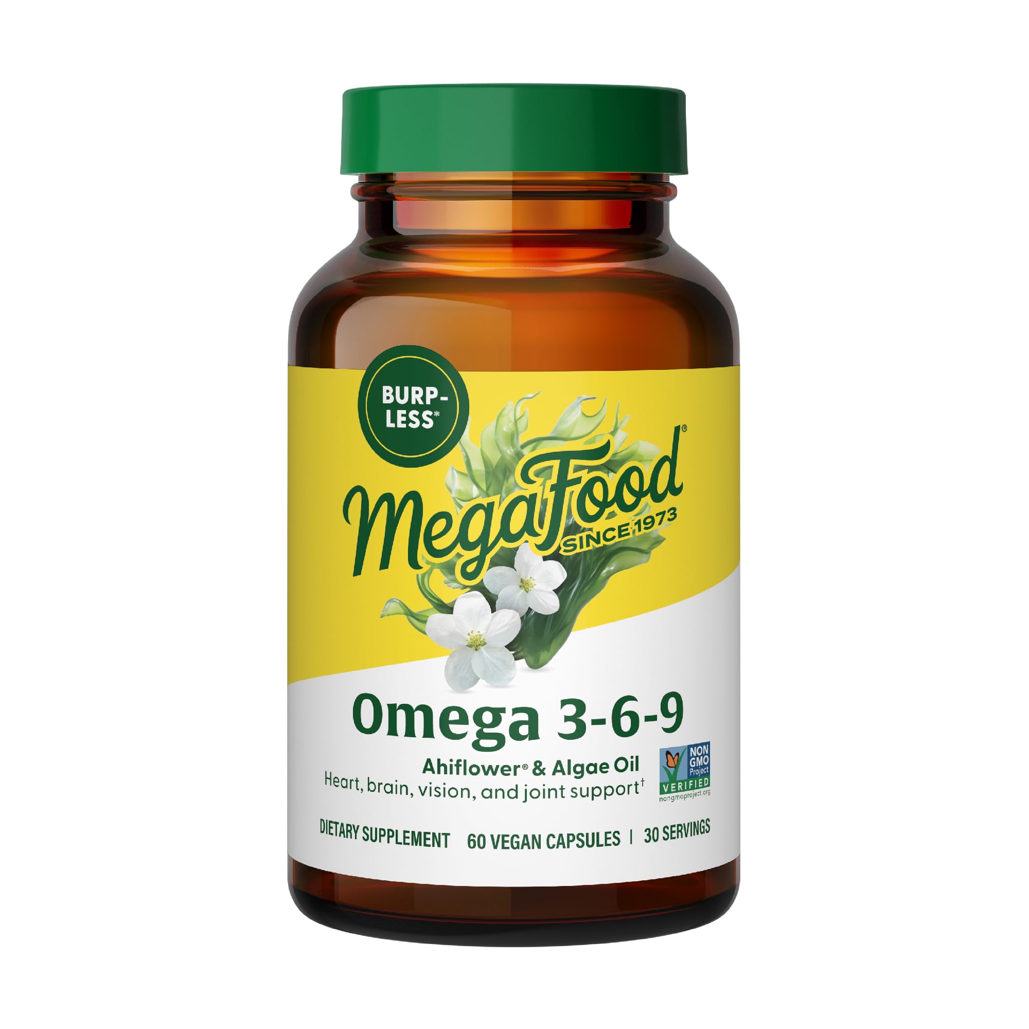 MegaFood Vegan Omega bottle front shows plant-based omega blend for heart and brain health.