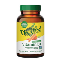 MegaFood Vitamin D3 1000 IU bottle front showing real food ingredients for daily support.