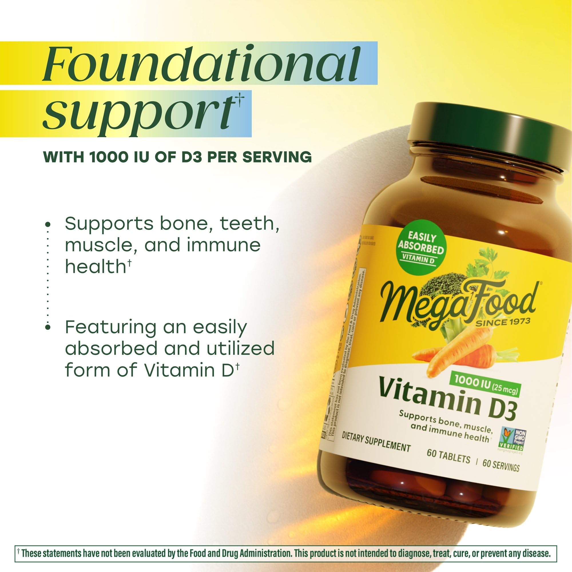 MegaFood Vitamin D3 1000 IU bottle pour suggests simple daily intake.