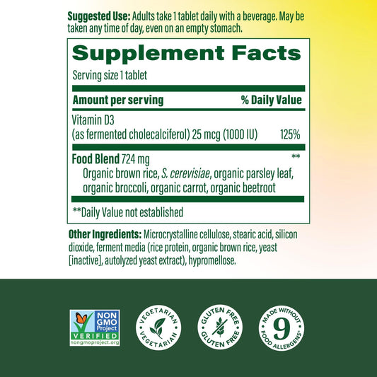 MegaFood Vitamin D3 1000 IU label closeup highlights vegetarian, non-GMO formula.