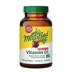 MegaFood Vitamin D3 bottle showing a daily supplement for immune support and bone health.