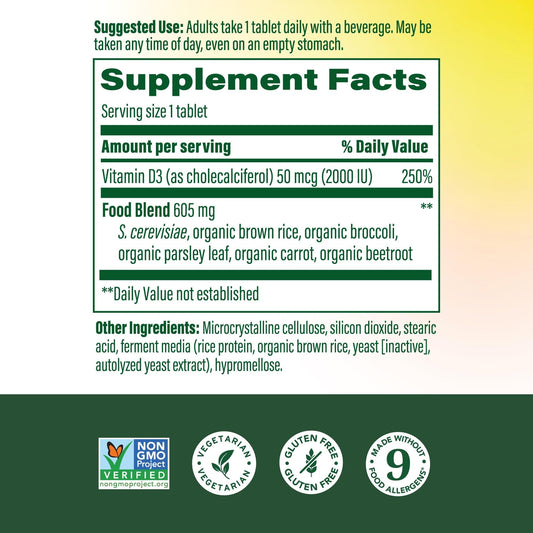 MegaFood Vitamin D3 label displays 2000 IU and real-food sourcing details.