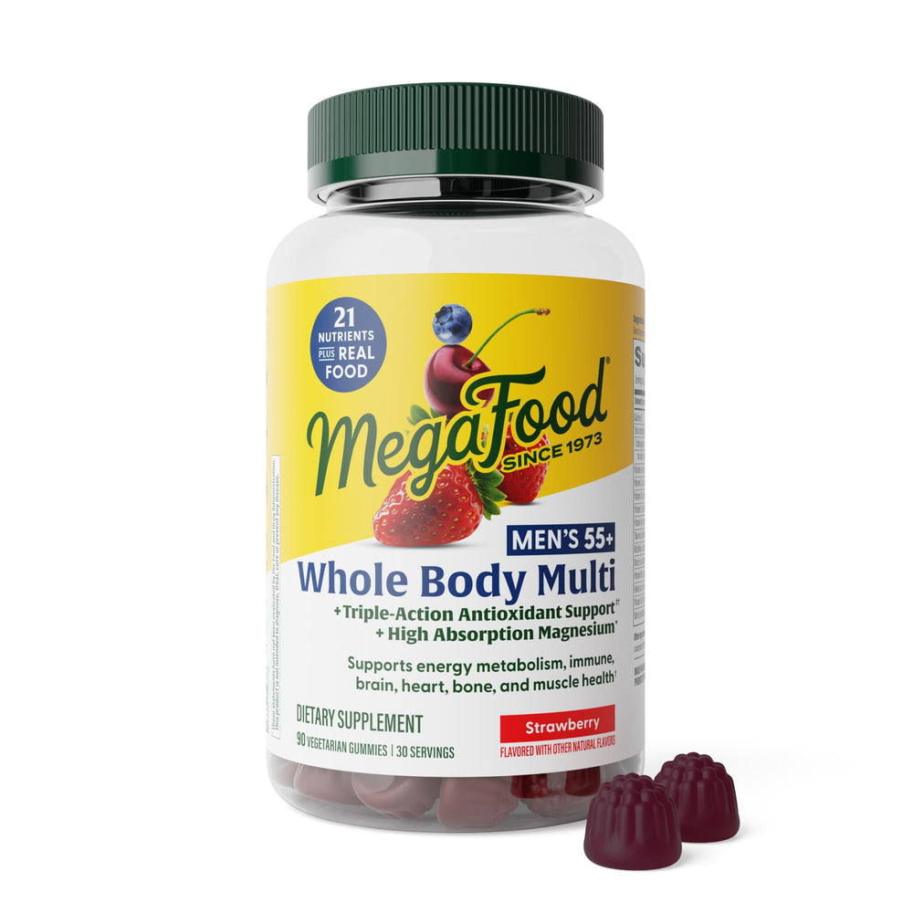 MegaFood Whole Body 55+ gummies bottle front highlighting bone and immune support.