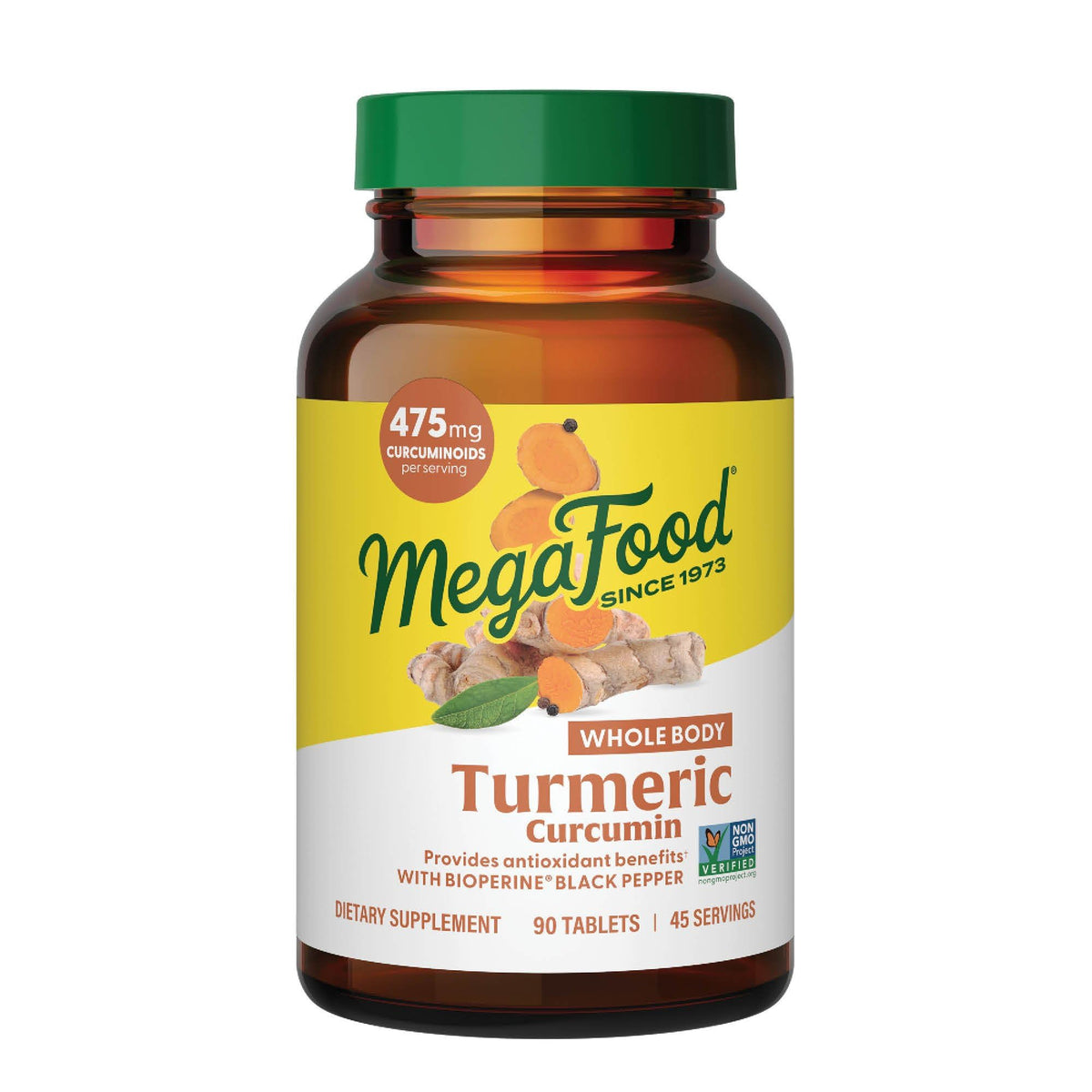 MegaFood Whole Body Turmeric Curcumin bottle highlighting antioxidant support.