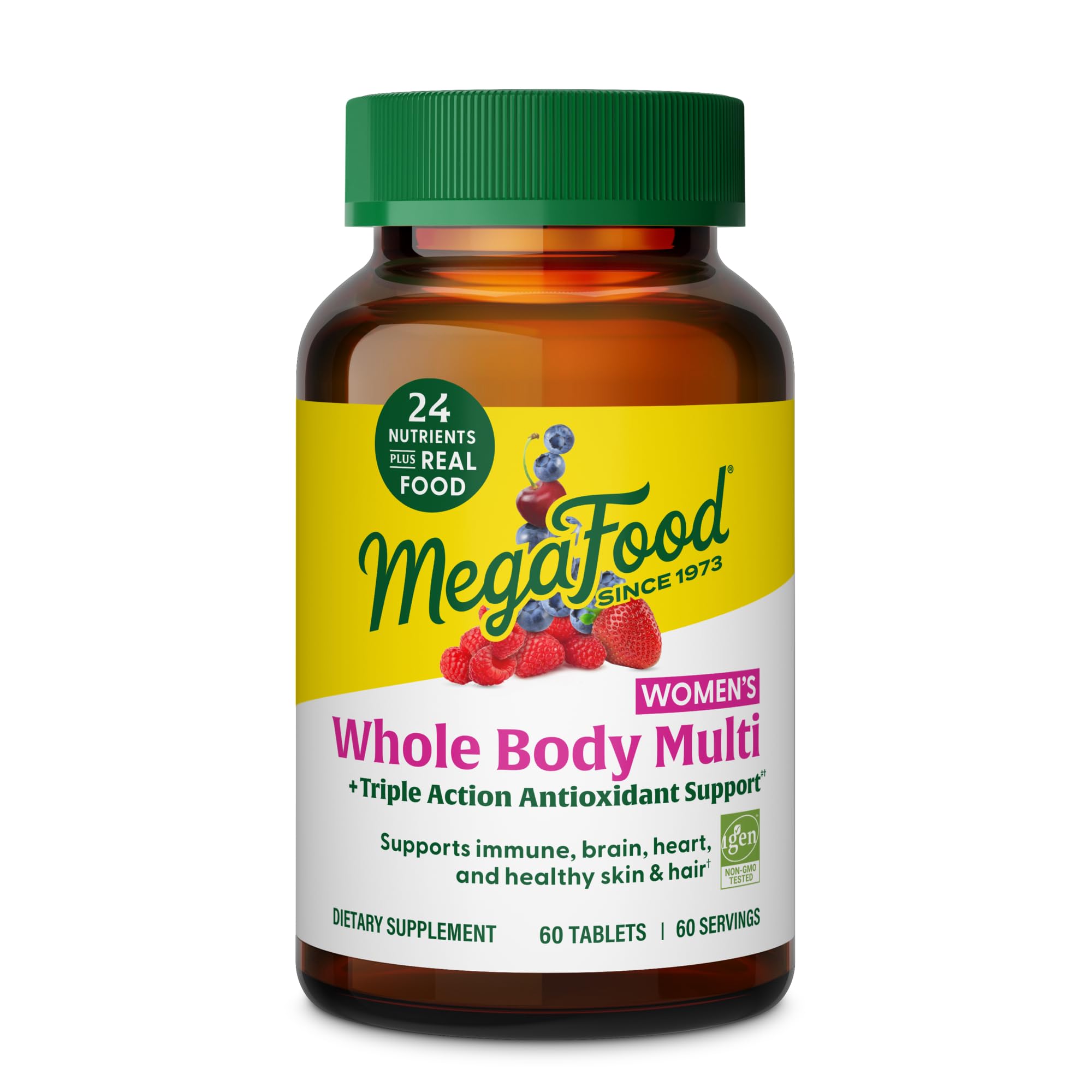 MegaFood Whole Body Methylated Multivitamin for Women bottle front view supports daily energy and immune health.