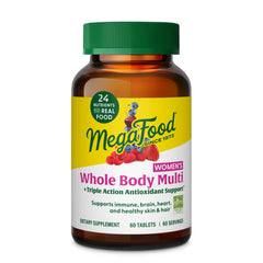 MegaFood Whole Body Methylated Multivitamin for Women bottle front view supports daily energy and immune health.