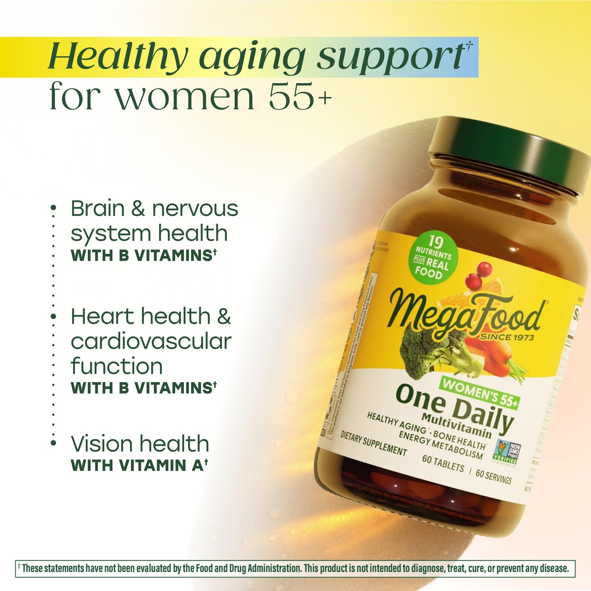 MegaFood Women 55+ multivitamin bottle with label showing vegetarian, non-GMO benefits.