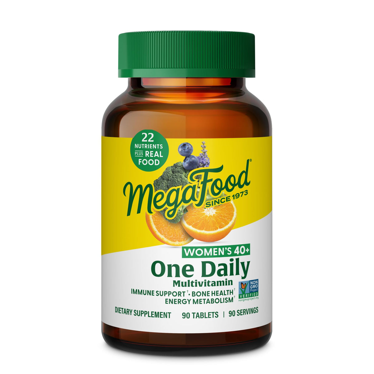 MegaFood Women 40+ multivitamin bottle for daily energy and bone health.