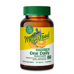 MegaFood Women 40+ multivitamin bottle for daily energy and bone health.