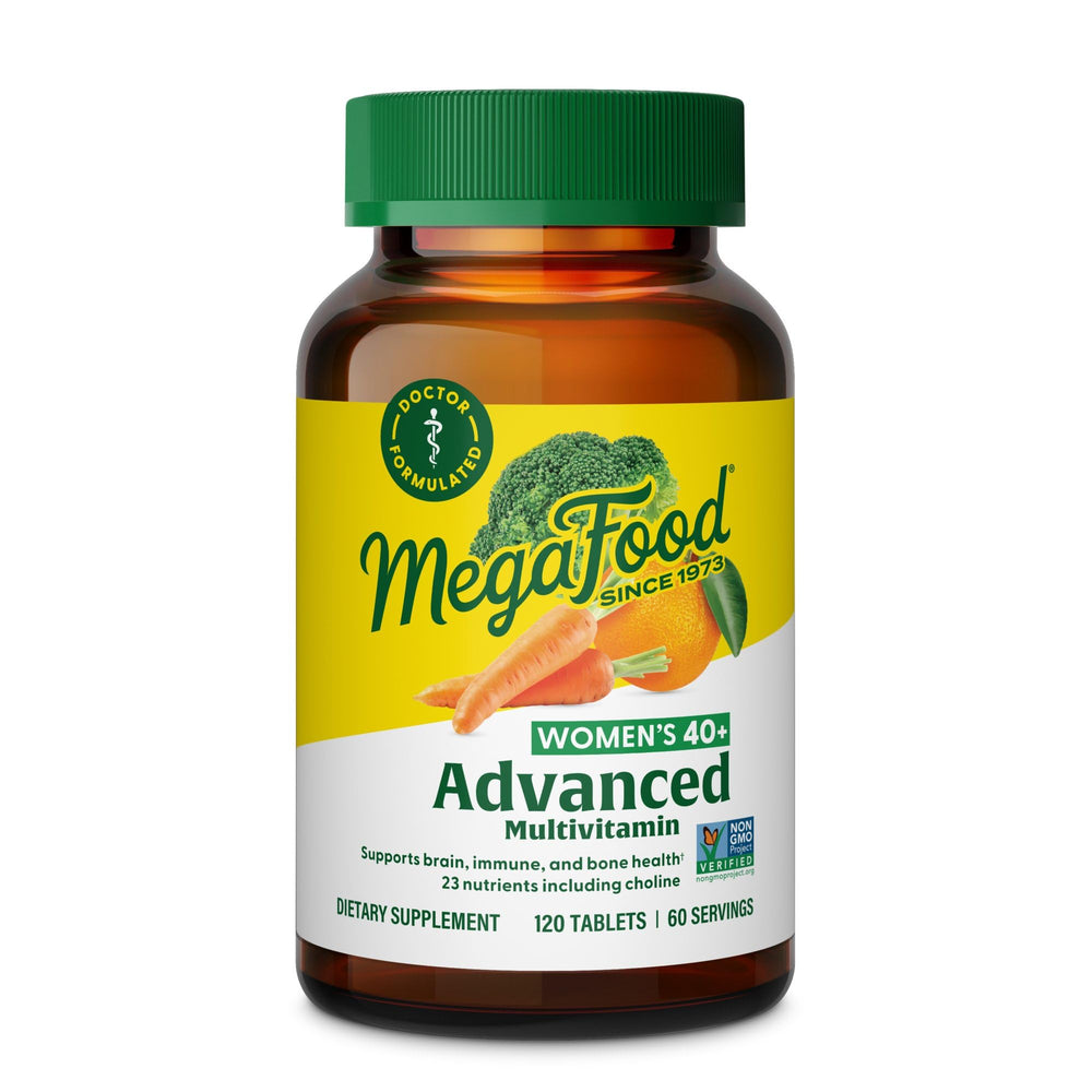 MegaFood Women's 40+ multivitamin bottle highlighting bone support and daily energy potential