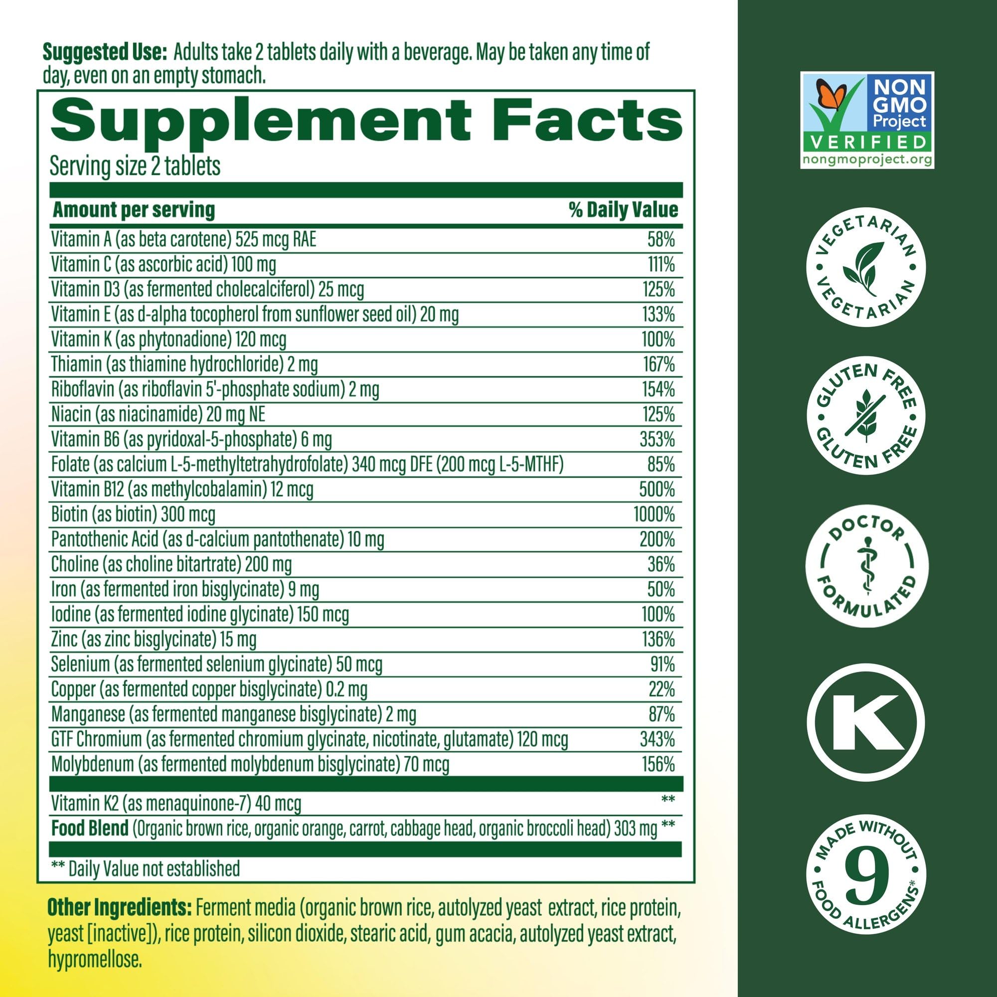 MegaFood Women's 40+ Multivitamin tablets close-up illustrating fermented minerals for balanced nutrition