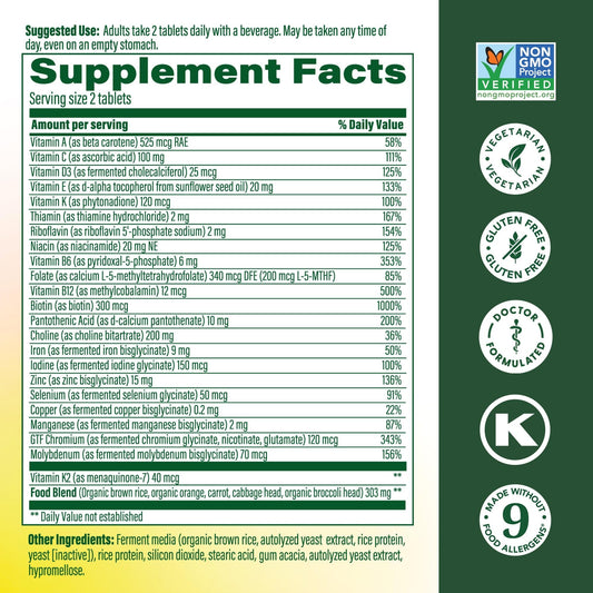 MegaFood Women's 40+ Multivitamin tablets close-up illustrating fermented minerals for balanced nutrition
