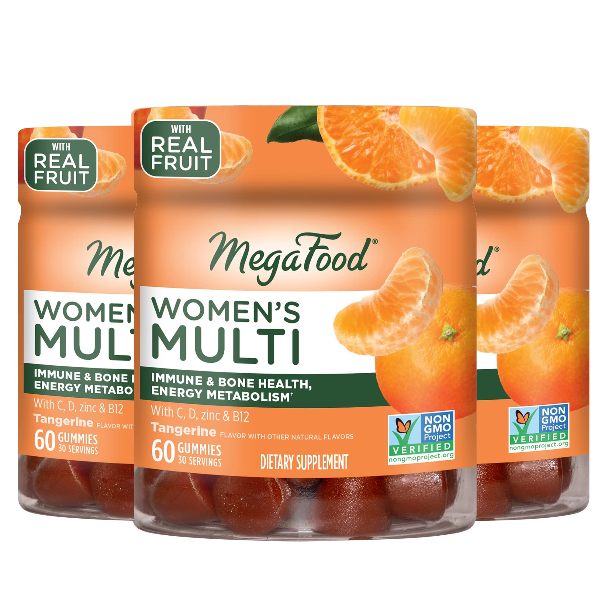 MegaFood Women's Multi gummies bottle-front shows tangy tangerine flavor for daily wellness