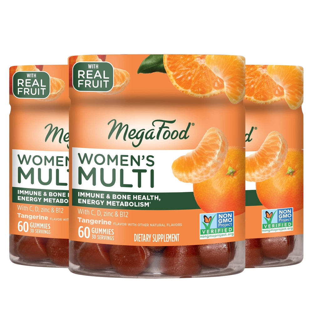 MegaFood Women's Multi gummies bottle-front shows tangy tangerine flavor for daily wellness