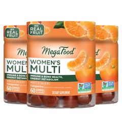 MegaFood Women's Multi gummies bottle-front shows tangy tangerine flavor for daily wellness