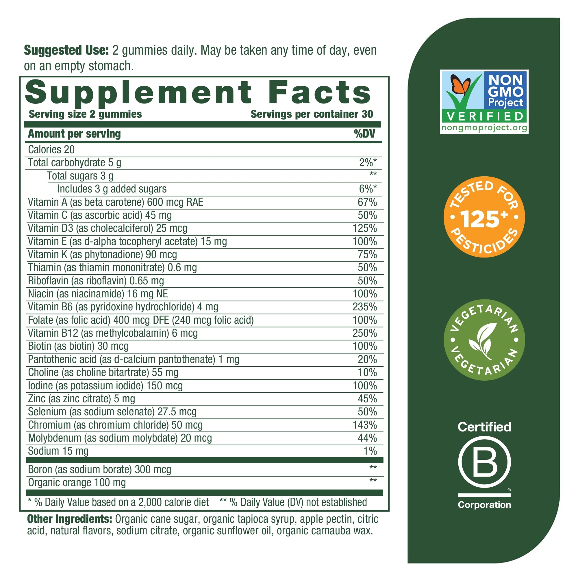MegaFood Women's Multi gummies bottle-side highlights vegetarian, allergen-free formula for bone health