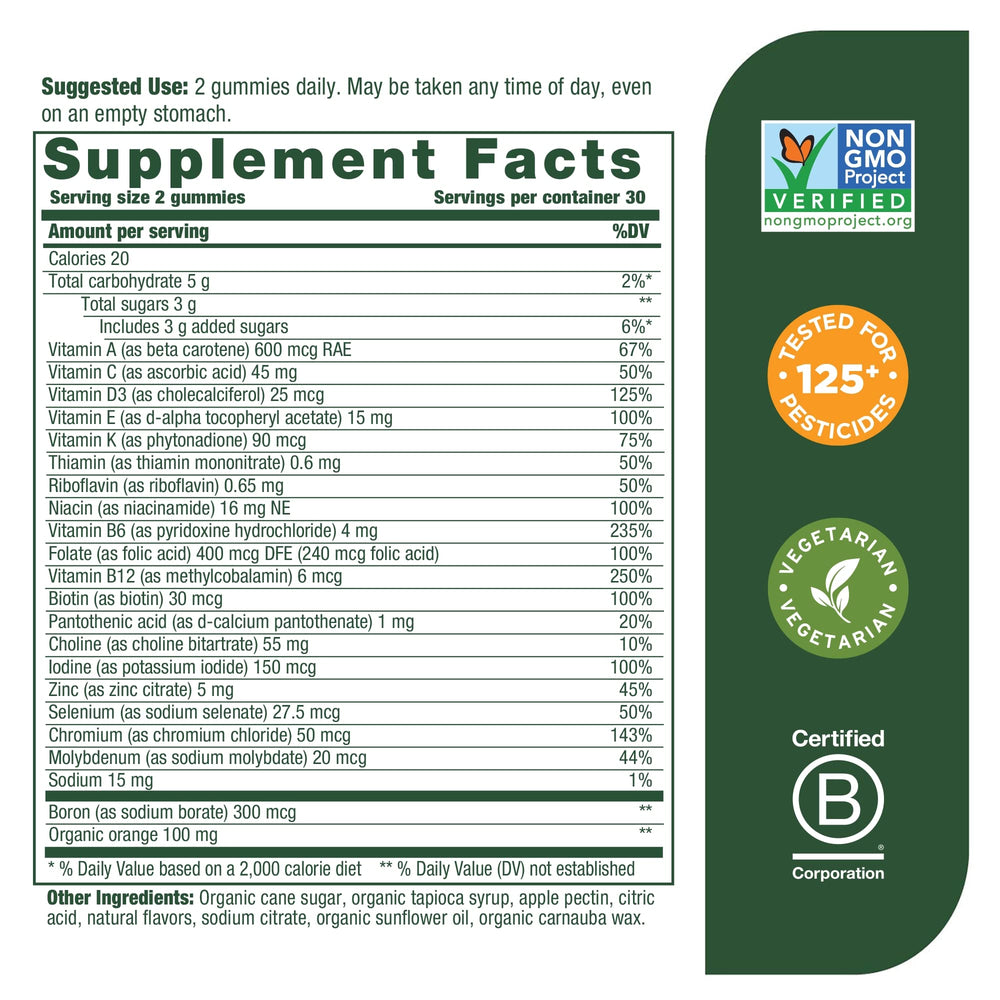 MegaFood Women's Multi gummies bottle-side highlights vegetarian, allergen-free formula for bone health