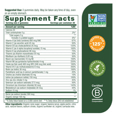 MegaFood Women's Multi gummies bottle-side highlights vegetarian, allergen-free formula for bone health