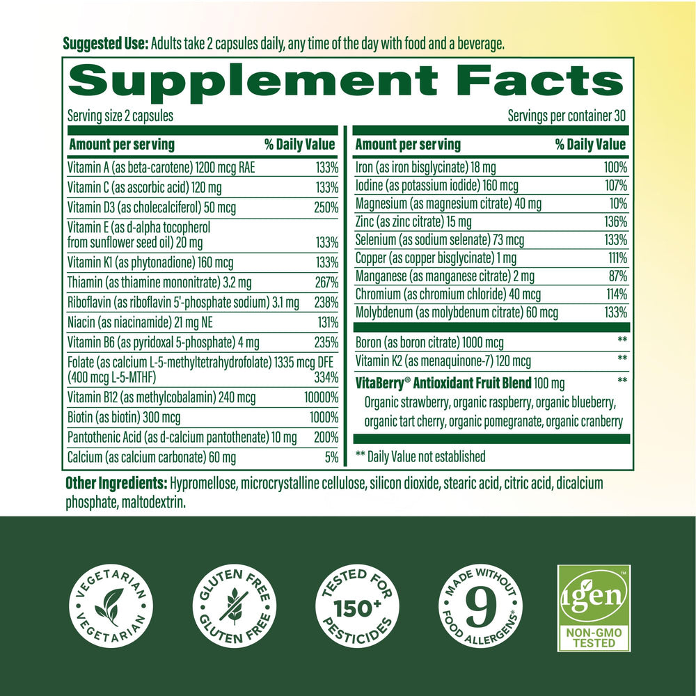 MegaFood women’s multivitamin capsules closeup showing vegetarian formula for daily energy