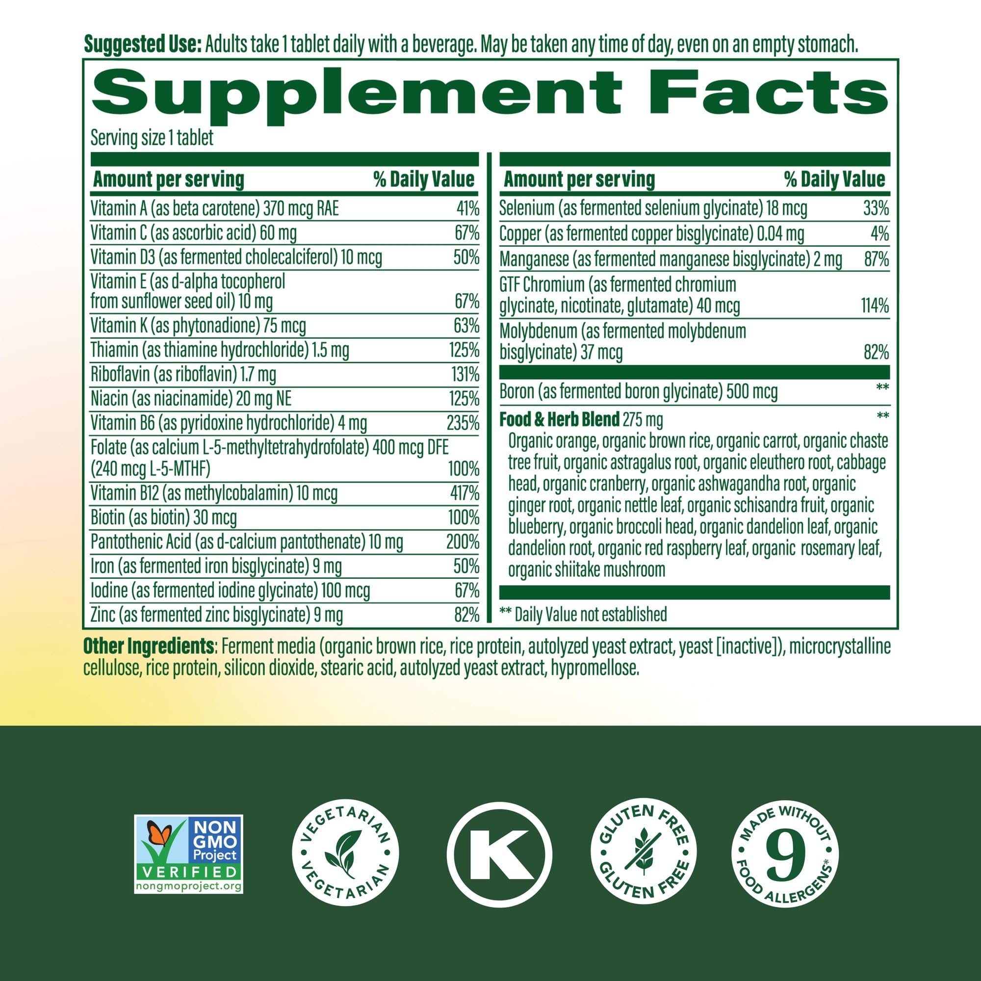 Back of MegaFood multivitamin bottle highlighting ingredients and nutrition