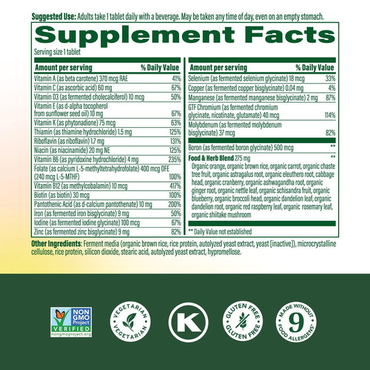 Back of MegaFood multivitamin bottle highlighting ingredients and nutrition