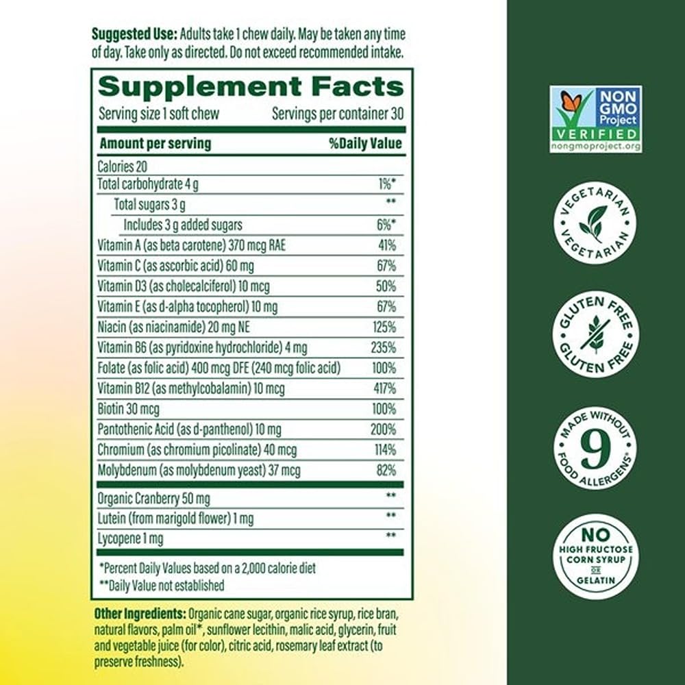 Label of MegaFood Women's Multivitamin soft chews highlights non-GMO vegetarian formula
