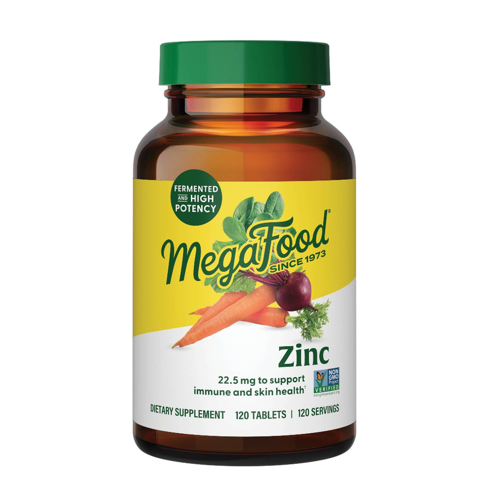 MegaFood zinc supplements bottle front with 120 tablets for vegan immune support