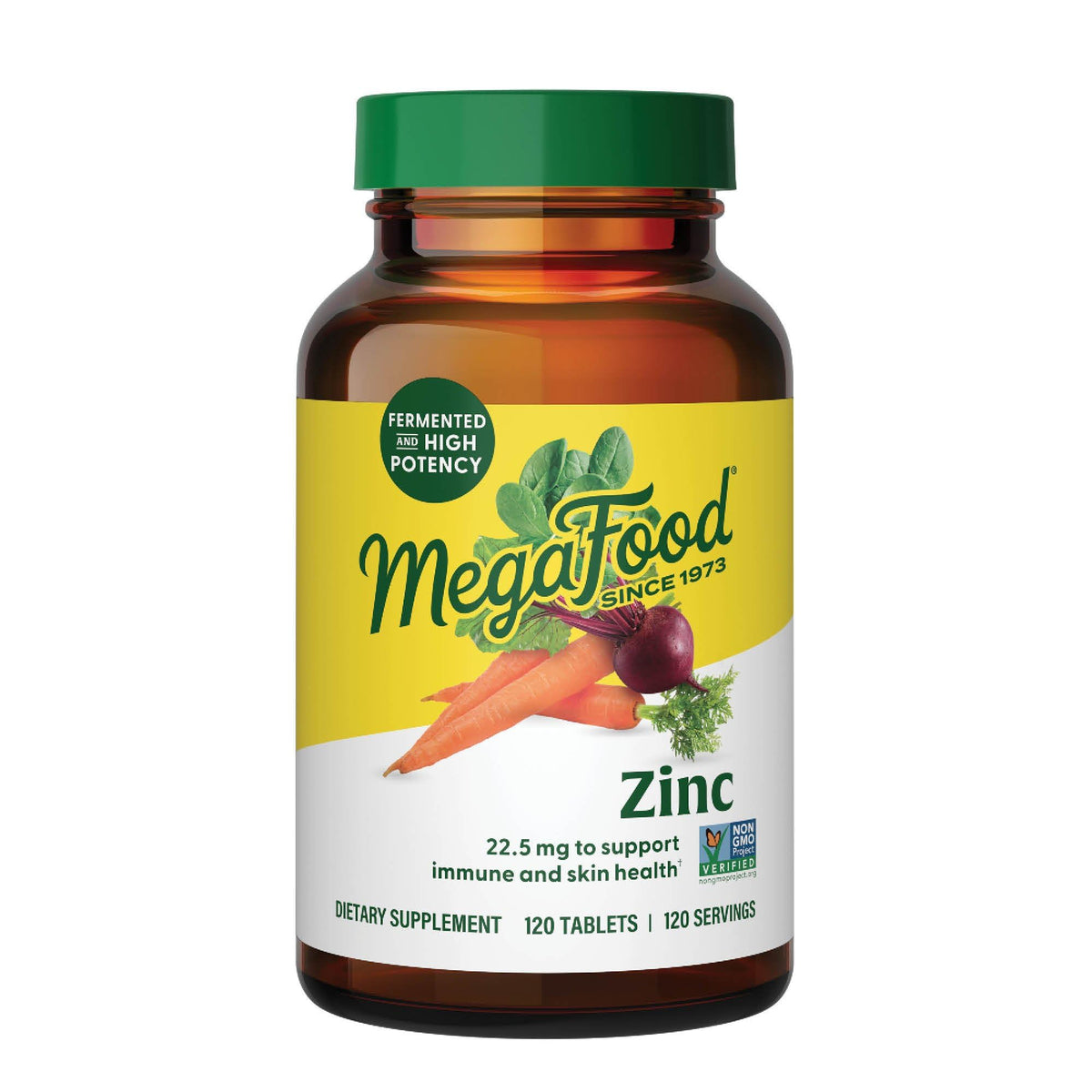 MegaFood zinc supplements bottle front with 120 tablets for vegan immune support