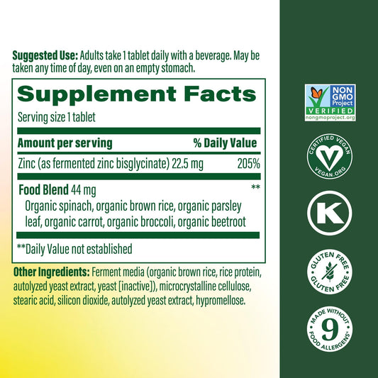 Close-up of MegaFood zinc tablets highlighting fermentation-based potency