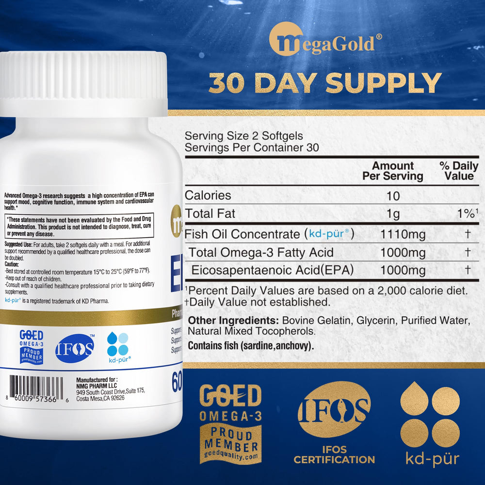 MegaGold bottle dispensing softgels, convenient daily dosing.