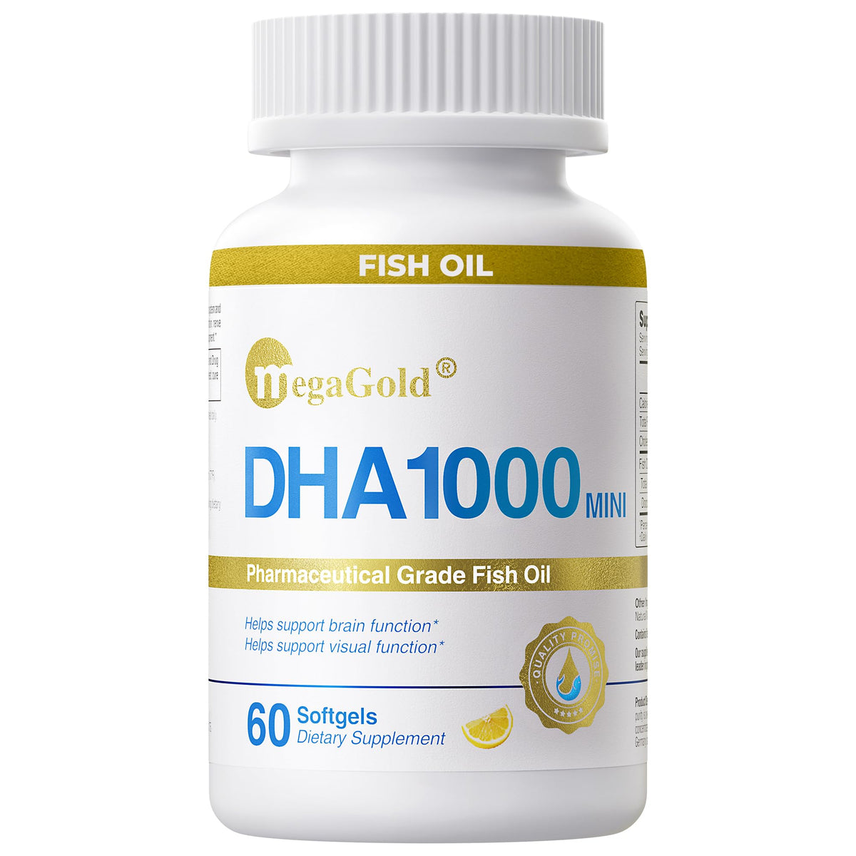 MegaGold DHA 1000 bottle front with softgels for daily brain and eye support