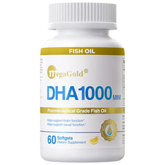 MegaGold DHA 1000 bottle front with softgels for daily brain and eye support