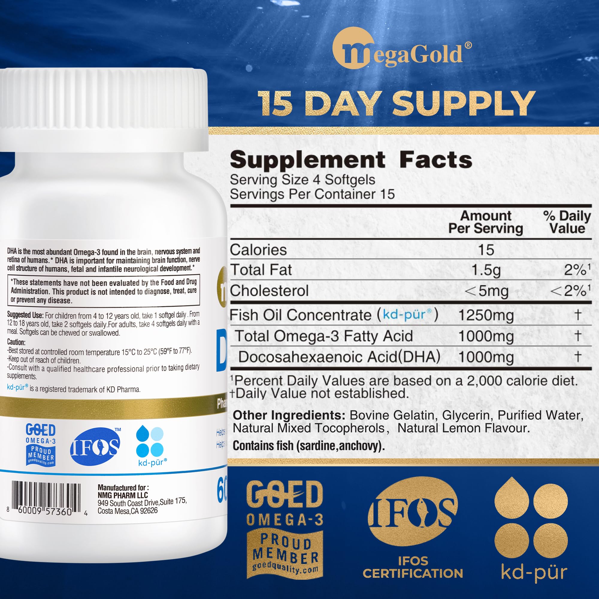 MegaGold DHA 1000 label detail showing IFOS 5-star certification and purity