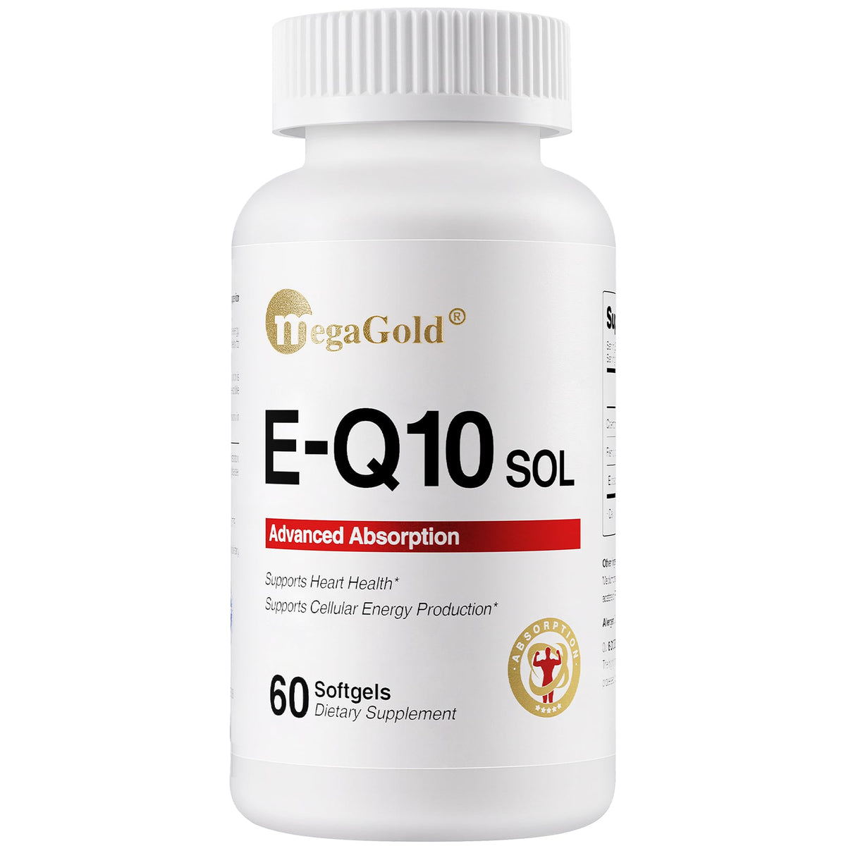 MegaGold E-Q10 Sol bottle cap close-up showing premium CoQ10 for heart support.
