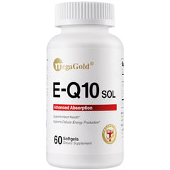 MegaGold E-Q10 Sol bottle cap close-up showing premium CoQ10 for heart support.