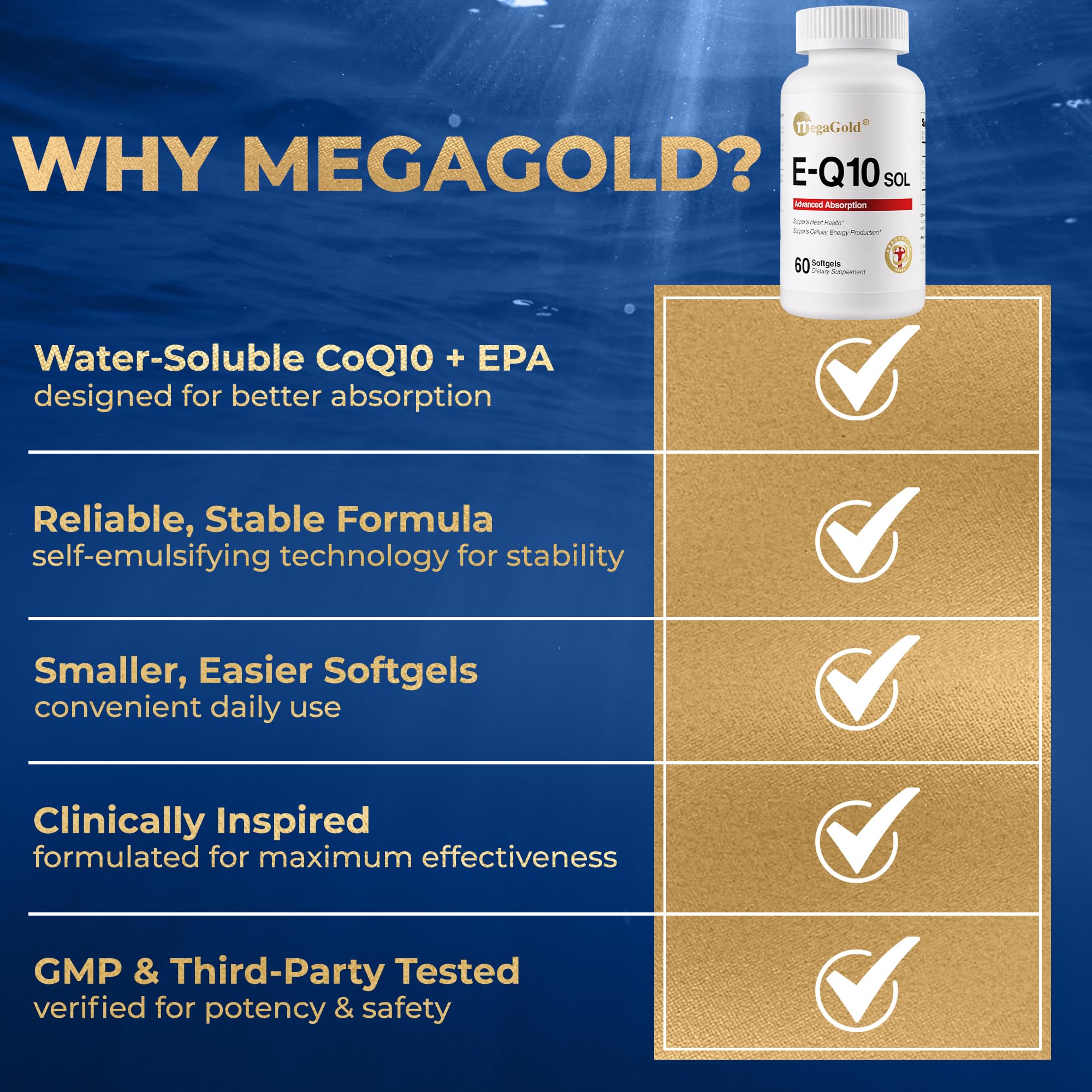 MegaGold E-Q10 Sol bottle front label with 60-count supply.