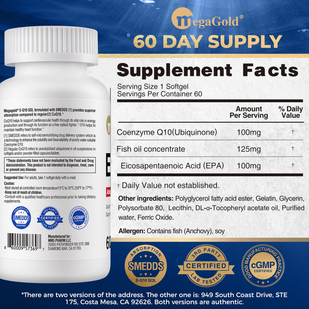 MegaGold E-Q10 Sol label nutrition facts, 100 mg CoQ10 per capsule.