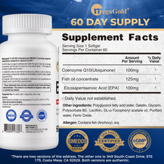MegaGold E-Q10 Sol label nutrition facts, 100 mg CoQ10 per capsule.