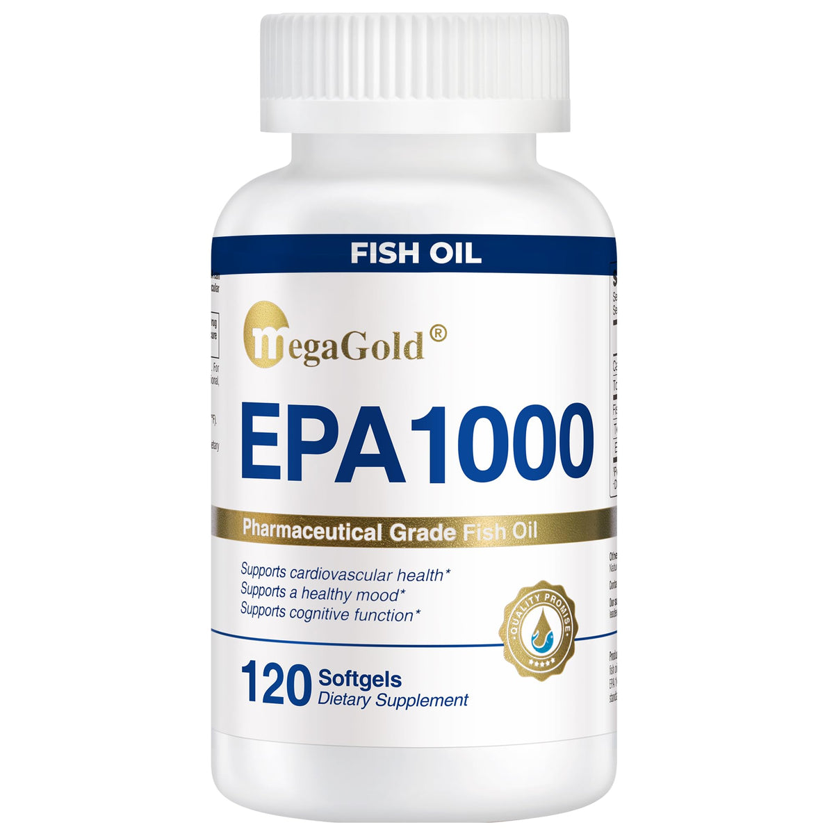MegaGold EPA 1000mg fish oil bottle with small softgels for daily wellness support.