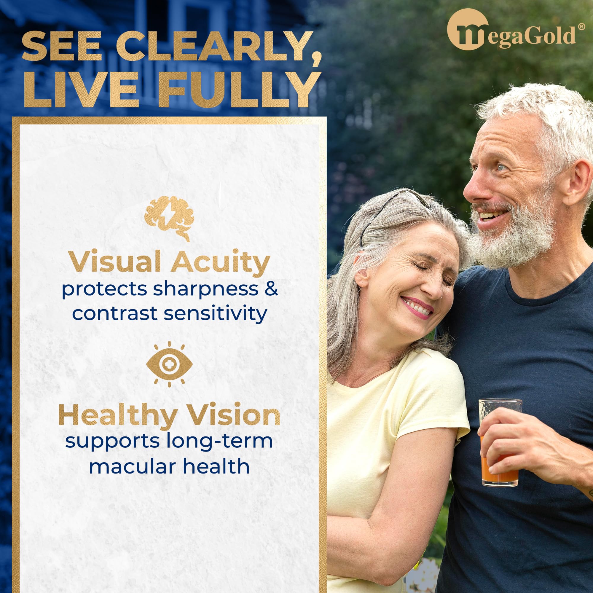 Megagold Macular ingredient panel featuring lutein and zeaxanthin for visual support.