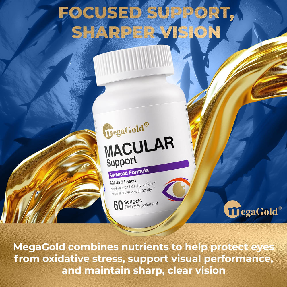 Megagold Macular softgels closeup showing lutein and zeaxanthin for eye health.