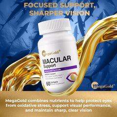 Megagold Macular softgels closeup showing lutein and zeaxanthin for eye health.