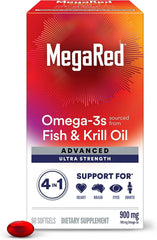 Megared Advanced 4in1 softgel bottle supports heart health, joint comfort, brain health, and eye health.