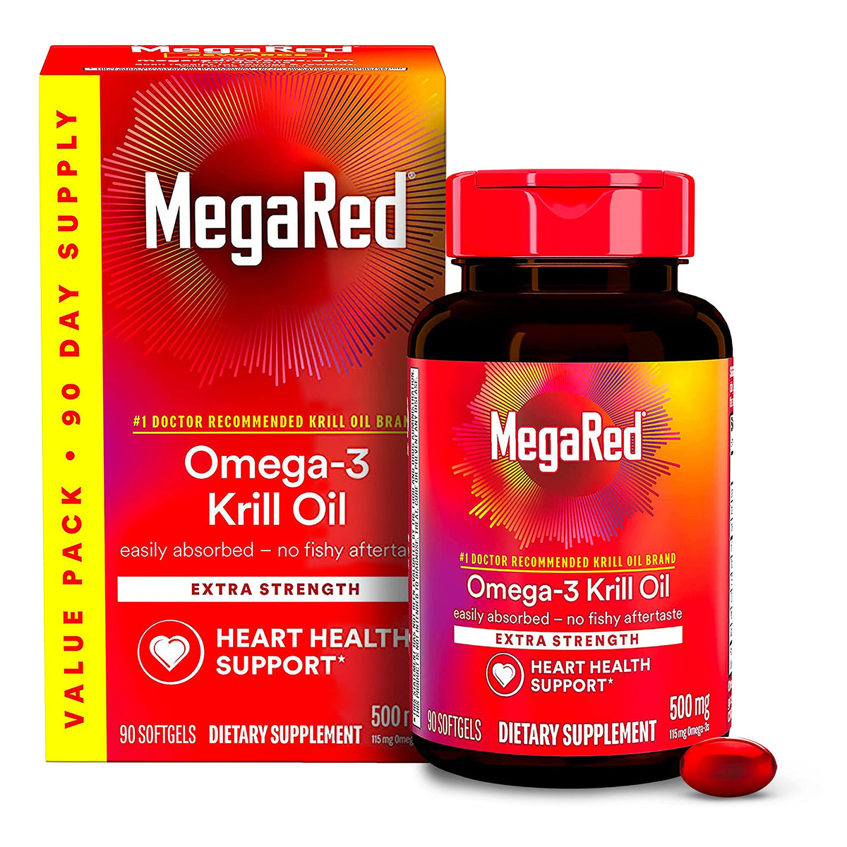 MegaRed Antarctic Krill Oil bottle front view highlighting purity.