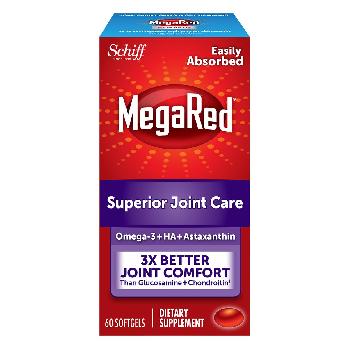 MegaRed Omega-3 Krill Oil bottle highlights purity and freshness for daily use.