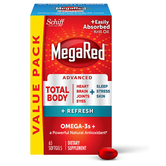 MegaRed Total Body Refresh bottle front highlighting four-area support for heart, joints, brain, and eyes