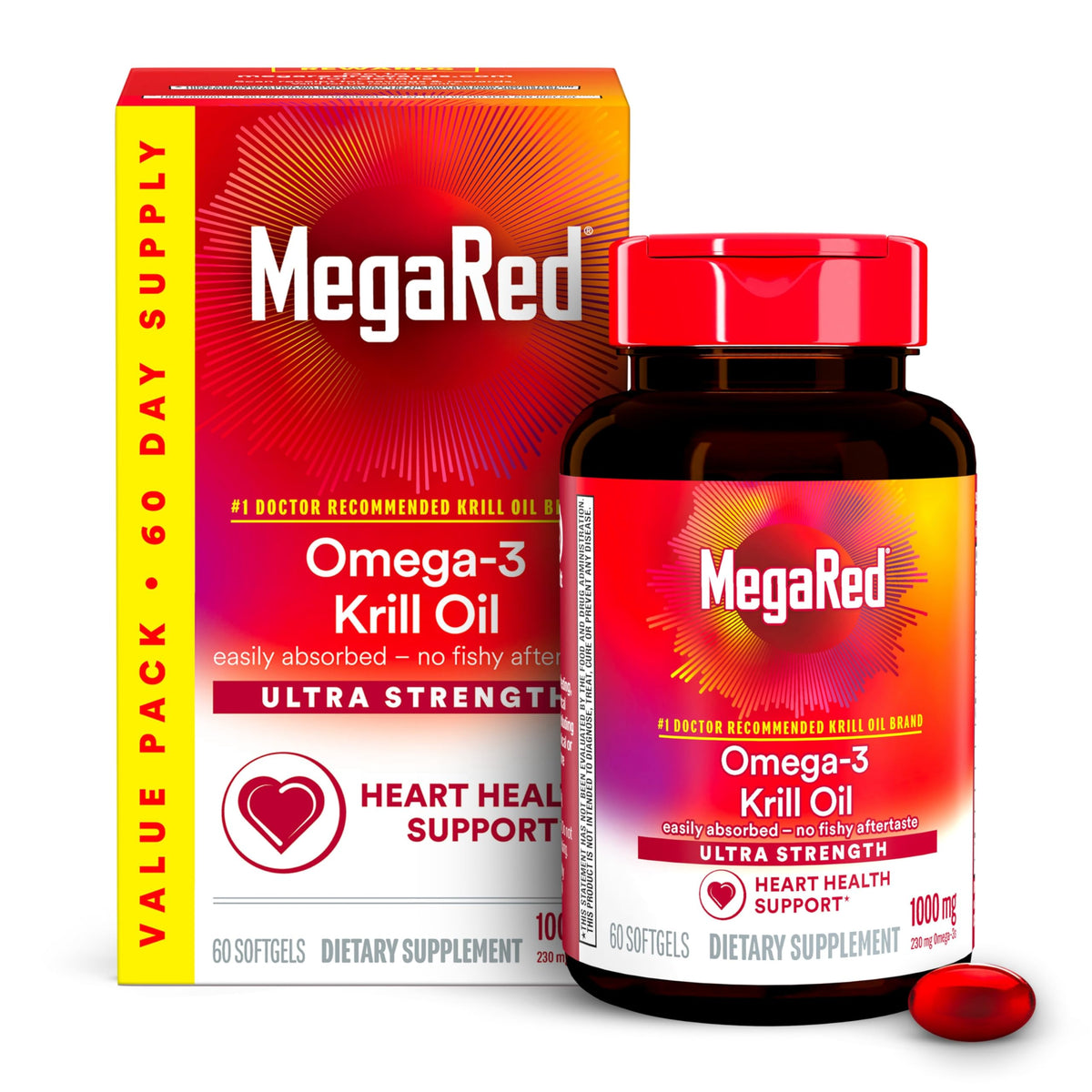 MegaRed Ultra Strength krill oil softgels bottle highlights heart health and easy daily dosing.